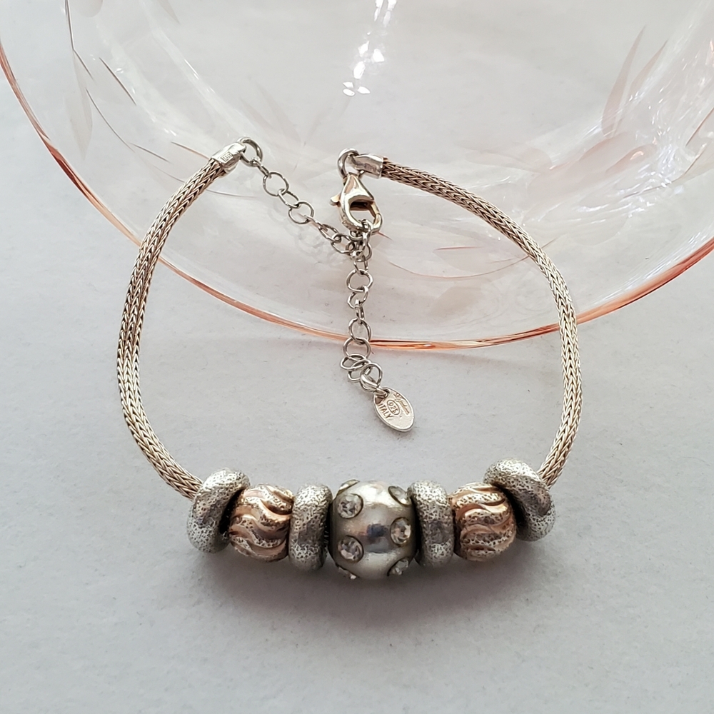Dyadema 925 Italy Bracelet with Rose & Silver Beads (Adjustable!) - Picture 3 of 16
